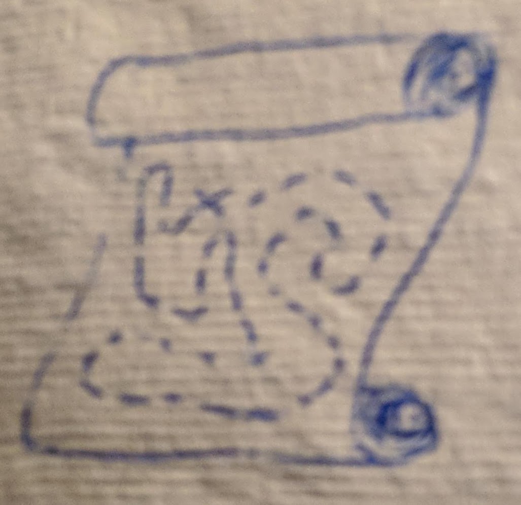 a map on a scroll with a meandering
path leading to an X.