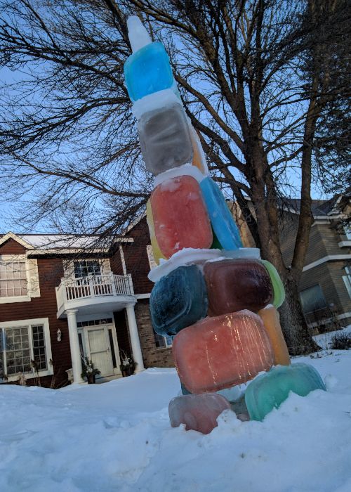 a tower built from dyed ice blocks